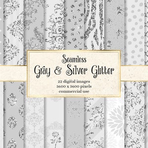 Gray and Silver Glitter Digital Paper, seamless gender neutral baby shower patterns printable scrapbook paper backgrounds