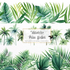 Watercolor Palm Borders Clipart - seamless palm leaves and palm trees in PNG format instant download for commercial use