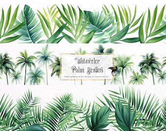 Watercolor Palm Borders Clipart - seamless palm leaves and palm trees in PNG format instant download for commercial use