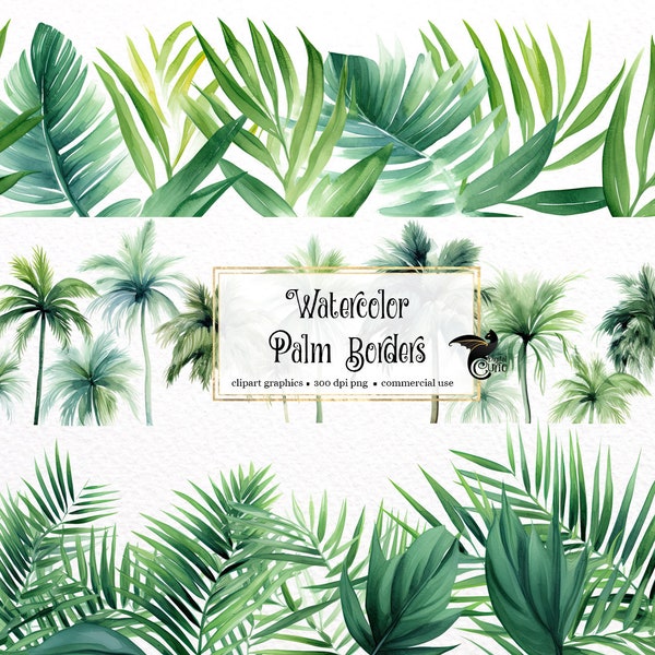 Watercolor Palm Borders Clipart - seamless palm leaves and palm trees in PNG format instant download for commercial use