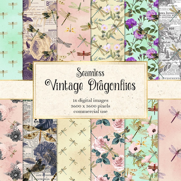 Vintage Dragonfly Digital Paper - seamless patterns antique dragonflies illustrations and distressed textures for printable commercial use