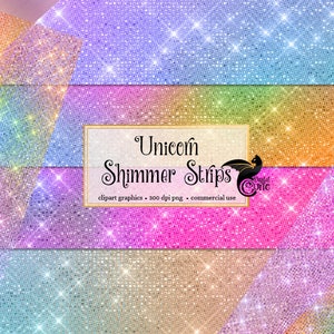 Könnte beinhalten: Ein Set digitaler Papierhintergründe mit schimmernden Regenbogenstreifen in verschiedenen Schattierungen von Rosa, Blau, Grün und Orange. Der Text "Unicorn Shimmer Strips" wird in einem schwarzen Rahmen auf weißem Hintergrund angezeigt.