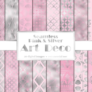 Pink and Silver Art Deco Digital Paper, seamless deco patterns in silver foil shimmer instant download for commercial use