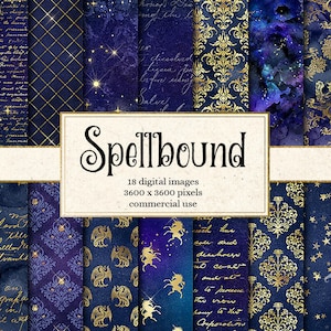 Puede incluir: Un conjunto de 18 diseños de papel digital con un tema celestial con acentos dorados sobre un fondo azul oscuro. Los diseños incluyen estrellas, lunas, unicornios y otros elementos mágicos. El texto "Spellbound" aparece en el centro de la imagen.