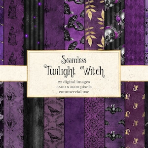 Twilight Witch Digital Paper, seamless grunge Halloween patterns with witches and skulls instant download for commercial use