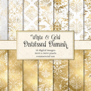 Weiß und Gold Damast digitales Papier, rustikale Vintage Textur Scrapbook Papier, Distressed Grunge, Goldfolie Hochzeit Papier sofortiger Download