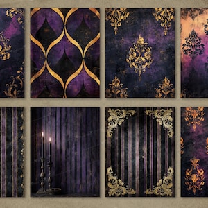 May include: Eight digital papers with a gothic, vintage aesthetic. The papers feature ornate gold damask patterns, vertical stripes, and abstract designs in purple, black, and gold. The papers have a distressed, textured appearance, reminiscent of aged parchment.