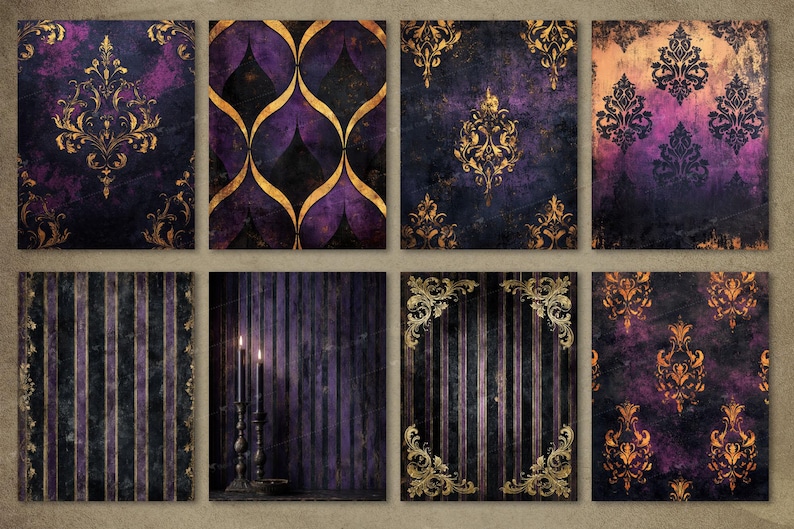 May include: Eight digital papers with a gothic, vintage aesthetic. The papers feature ornate gold damask patterns, vertical stripes, and abstract designs in purple, black, and gold. The papers have a distressed, textured appearance, reminiscent of aged parchment.