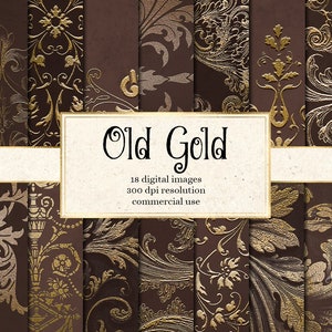 Old Gold Digital Paper, ornate backgrounds with baroque flourishes in decorative gold instant download printable paper