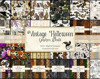 May include: A digital collage of vintage Halloween graphics, featuring owls, bats, spiders, skulls, and other spooky imagery. The collage is made up of 36 individual images, each with a different design. The text "Vintage Halloween Graphics Bundle" is displayed in the center of the collage.