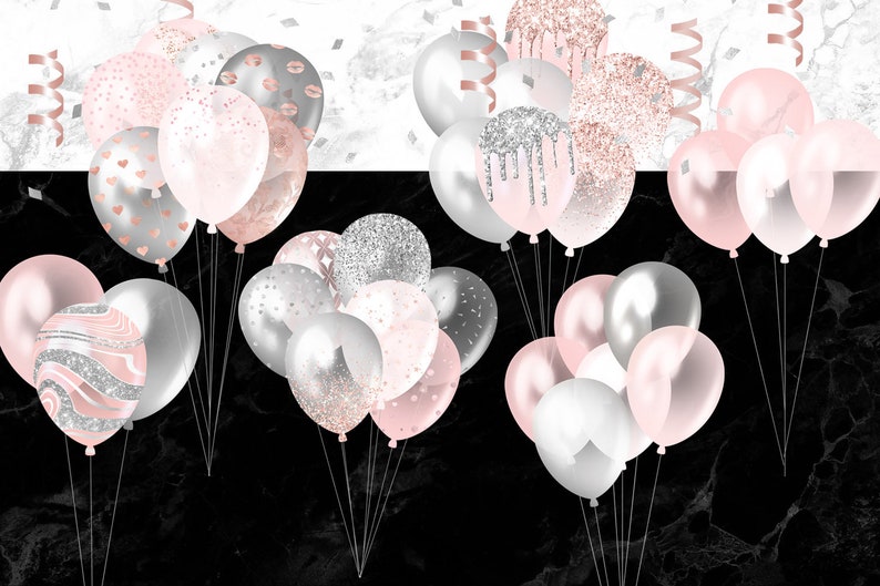 Blush and Silver Balloons Clipart, Pink Glitter Confetti (PNG, Digital ...