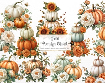 Floral Pumpkin Clipart - autumn watercolor in PNG format instant download for commercial use