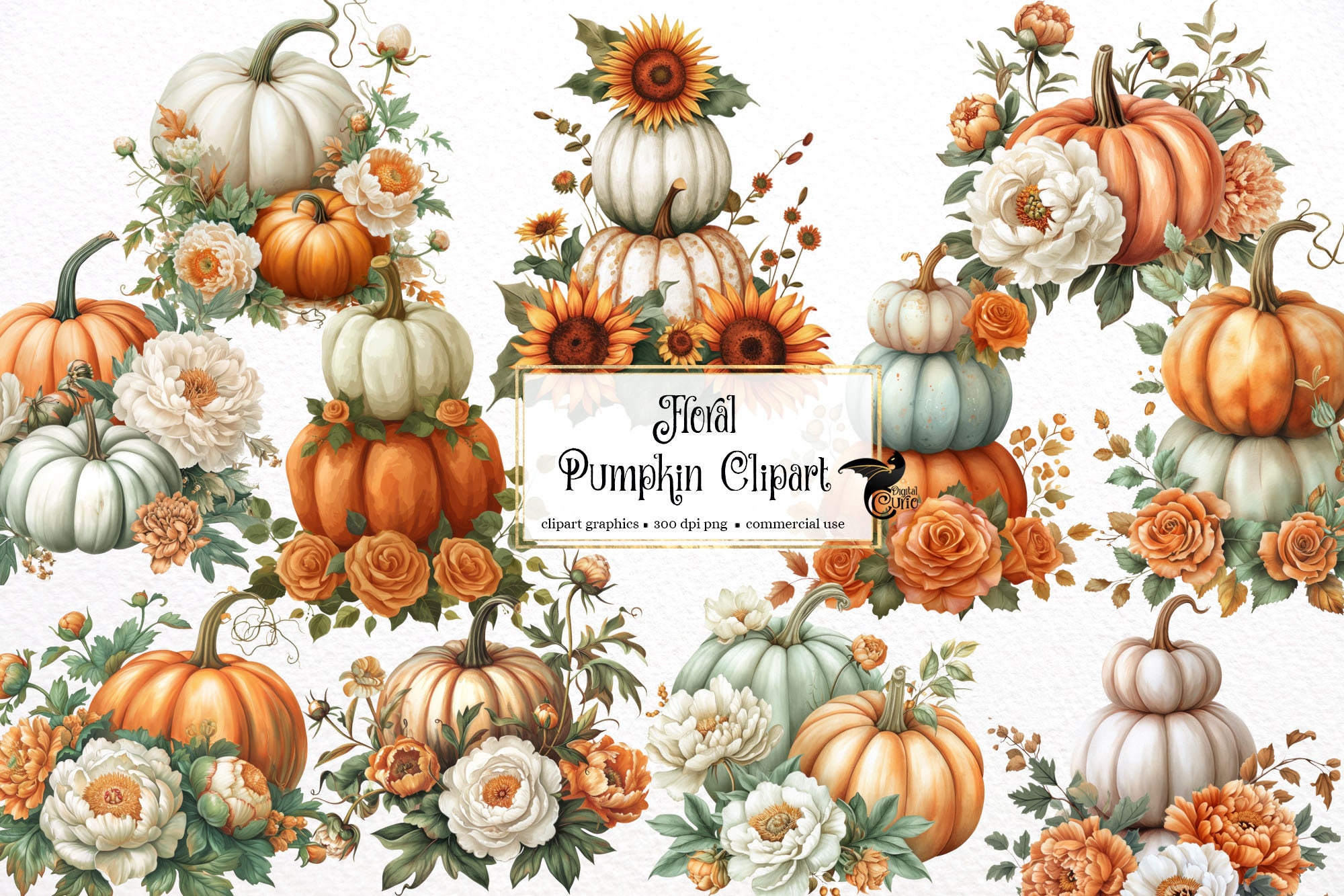 Floral Pumpkin Clipart - Autumn Watercolor in PNG Format Instant ...