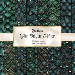 May include: Seamless digital images featuring a dragon scale pattern in shades of green and teal, adorned with jewel-like accents. The image includes text that reads "Seamless Green Dragon Armor". The images are 3600 x 3600 pixels.
