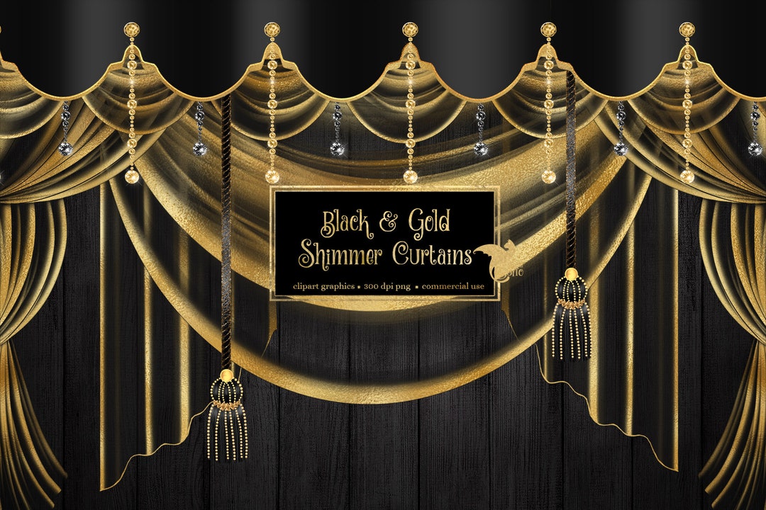 Black and Gold Shimmer Curtains Clipart, Digital Curtain Backdrop Clip Art Graphics, Stage