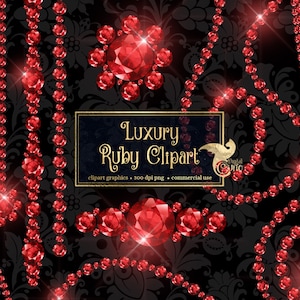 Pode incluir: Um conjunto de clipart digital com gemas de rubi vermelho em várias formas e tamanhos. Os rubis estão dispostos em um padrão de correntes e pedras individuais. O texto "LUXURY Ruby Clipart" é exibido em uma moldura dourada.