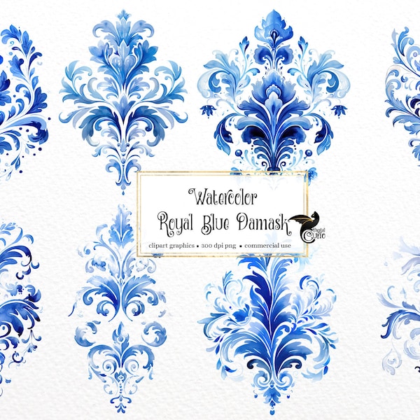 Royal Blue Damask Elements Clipart, aquarelle fantasy rococo clip art PNG graphics instant download for commercial use