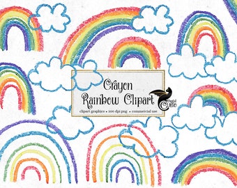 May include: A set of colorful crayon-drawn rainbow clipart graphics. The rainbows are drawn in various sizes and orientations, with some featuring clouds. The text "Crayon Rainbow Clipart" is included in the image.