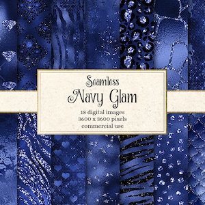 Papel digital Glam da Marinha, folha de lantejoulas de luxo azul sem costura, fundos com brilho marinho, papel de scrapbook azul royal, estrelas, listras de tigre, coroas