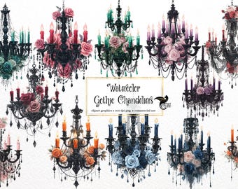 Imágenes prediseñadas de candelabros góticos en acuarela – PNG floral victoriano (descarga digital)