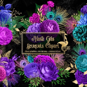 Mardi Gras Floral Clip Art, digital instant download painted peacock glitter watercolor flower png embellishments