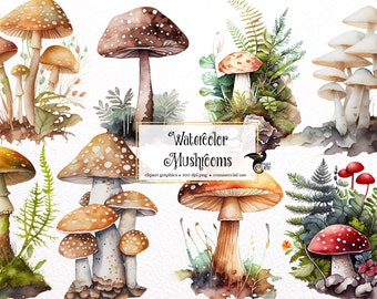Watercolor Mushrooms Clipart - cute forest nature toadstool clip art PNG format instant download for commercial use