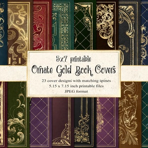 5x7 Ornate Gold Book Covers Digital Paper, gold decorative book dust jackets, printable 5x7 invitation backgrounds vintage antique