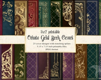 5x7 Ornate Gold Book Covers Digital Paper, gold decorative book dust jackets, printable 5x7 invitation backgrounds vintage antique