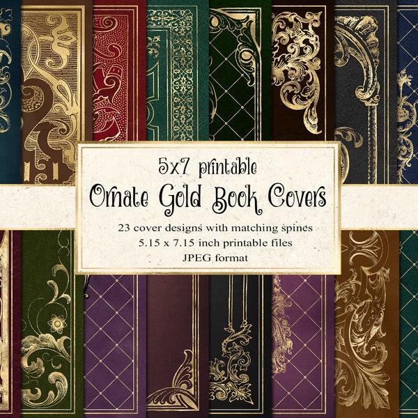 5x7 Ornate Gold Book Covers Digital Paper, gold decorative book dust jackets, printable 5x7 invitation backgrounds vintage antique