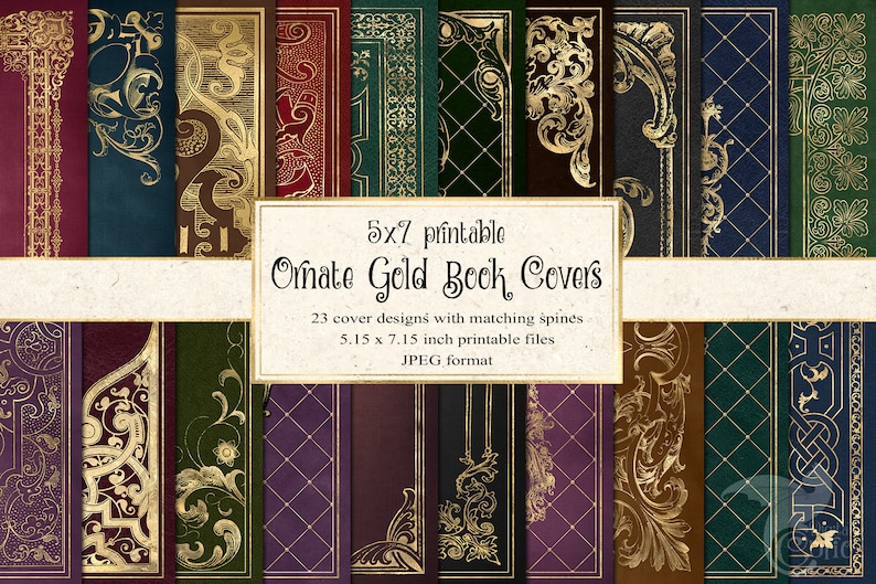 May include: A set of 23 printable book cover designs featuring ornate gold patterns on various colored backgrounds. The covers are 5.15 x 7.15 inches and are in JPEG format.