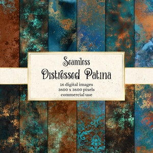 Distressed Patina Digital Paper, seamless antique copper textures, printable scrapbook paper backgrounds, grunge copper and patina blue