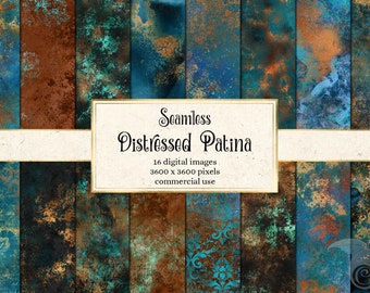 Distressed Patina Digital Paper, naadloze antieke koperen texturen, afdrukbare plakboekachtergronden, grunge koper en patina blauw