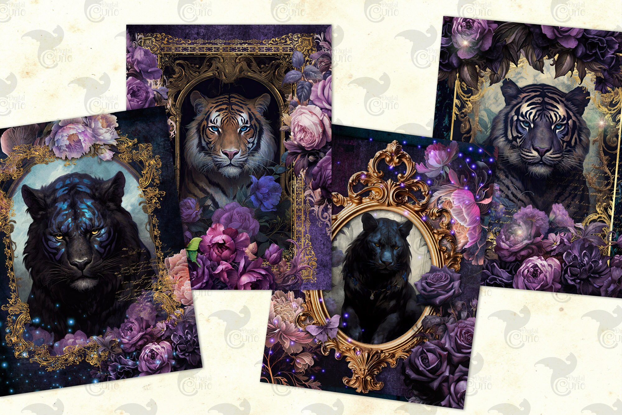 Romantic Dark Tiger Journal Paper, Notebook Digital Paper