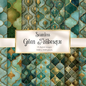 May include: A collection of 18 digital images featuring seamless green arabesque patterns with gold accents. The central text reads Seamless Green Arabesque, 18 digital images, 3600 x 3600 pixels. The patterns display various shades of green and teal.