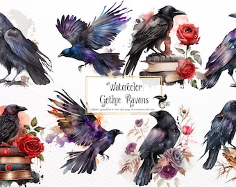 May include: Watercolor illustrations of gothic ravens with black and purple feathers, some perched on books and others with roses. The text "Watercolor Gothic Ravens" is in the center of the image.