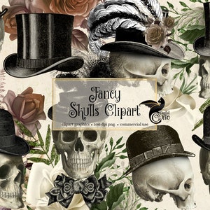 Clipart extravagante de caveira, antigas ilustrações steampunk vitorianas de caveiras em cartolas, download instantâneo em formato PNG para uso comercial
