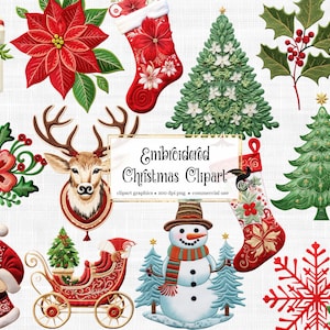 Può includere: Set di clipart natalizie ricamate con una varietà di elementi festivi, tra cui una stella di Natale rossa, un albero di Natale verde, una calza rossa, un pupazzo di neve, un Babbo Natale rosso e bianco, una renna, una slitta rossa, un fiocco di neve e un ramo di agrifoglio.
