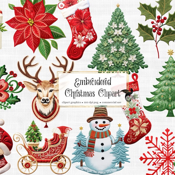 Embroidered Christmas Clipart - winter cute embroidery PNG format instant download for commercial use