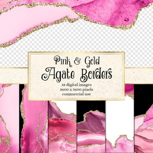 Pink and Gold Agate Borders, digital watercolor pink geode PNG overlays with gold glitter for commercial use in invitations or web design