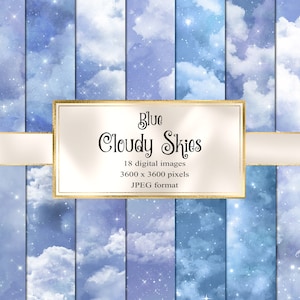 Blue Cloudy Skies Digital Paper - sterren en wolken galaxy achtergrondstructuren voor commercieel gebruik