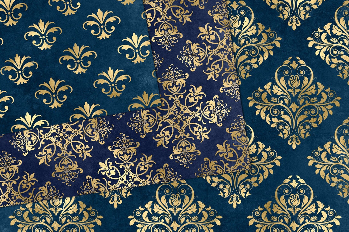 Blue and Gold Damask Digital Paper Seamless Damask Patterns Etsy