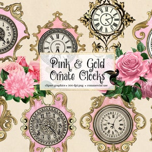 Roze en gouden sierlijke klokken Clipart - antieke shabby horology graphics in PNG-formaat instant download commercieel gebruik