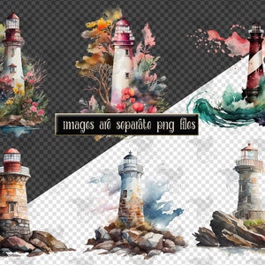 May include: Watercolor illustrations of lighthouses in various settings.  One lighthouse is surrounded by trees and flowers, another is in a stormy sea, and three are on rocky shores.