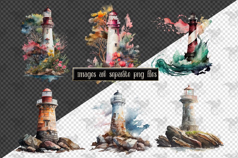 May include: Watercolor illustrations of lighthouses in various settings.  One lighthouse is surrounded by trees and flowers, another is in a stormy sea, and three are on rocky shores.
