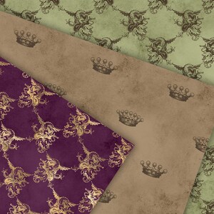 May include: Three patterned paper sheets with a vintage design. The top sheet is green with a brown floral pattern. The middle sheet is brown with a brown crown pattern. The bottom sheet is purple with a gold floral pattern.