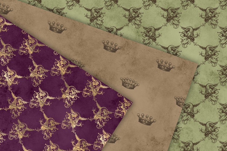 May include: Three patterned paper sheets with a vintage design. The top sheet is green with a brown floral pattern. The middle sheet is brown with a brown crown pattern. The bottom sheet is purple with a gold floral pattern.