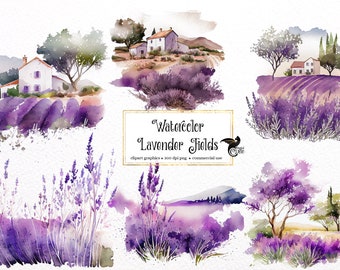 Watercolor Lavender Fields Clipart – Provence Landscape PNG (Digital Download)