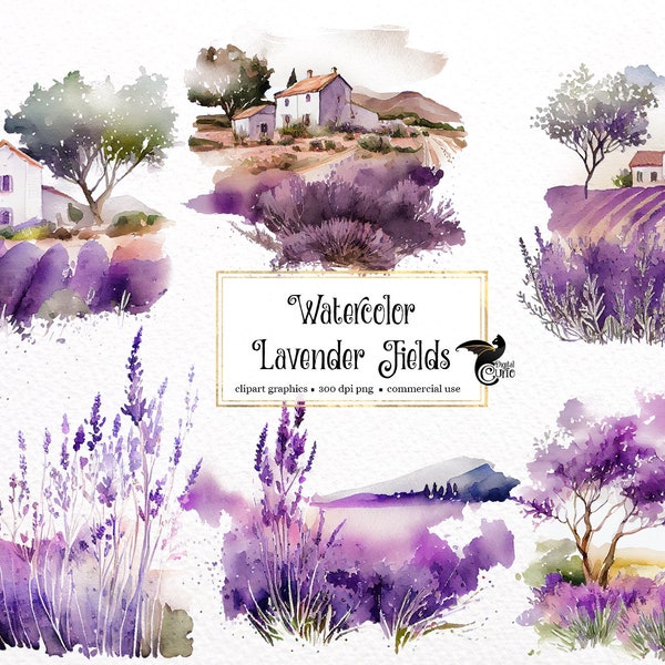 Watercolor Lavender Fields Clipart - farm and meadow French Provence lavender landscape PNG format instant download for commercial use