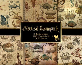 Nautical Steampunk Digital Paper – Vintage Clockwork Sea Creatures (JPG Files)