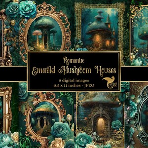 Romantico Emerald Mushroom Houses Journal Paper, notebook carta digitale rococò fantasia pagine di diario spazzatura stampabile 8.5x11 download istantaneo